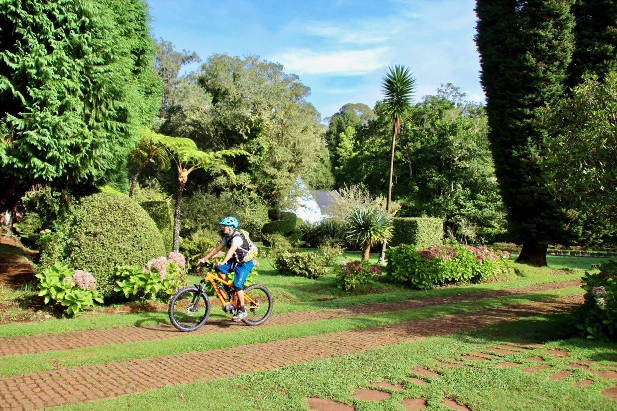 E-Biker radeln durch einen angelegten Garten